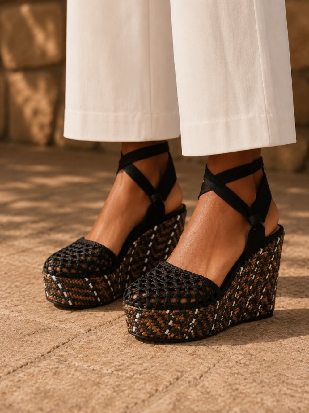 SCHUTZ Eymy Tresse Black and Bronze Wedge Platform Woven Detail Sz. 9.5